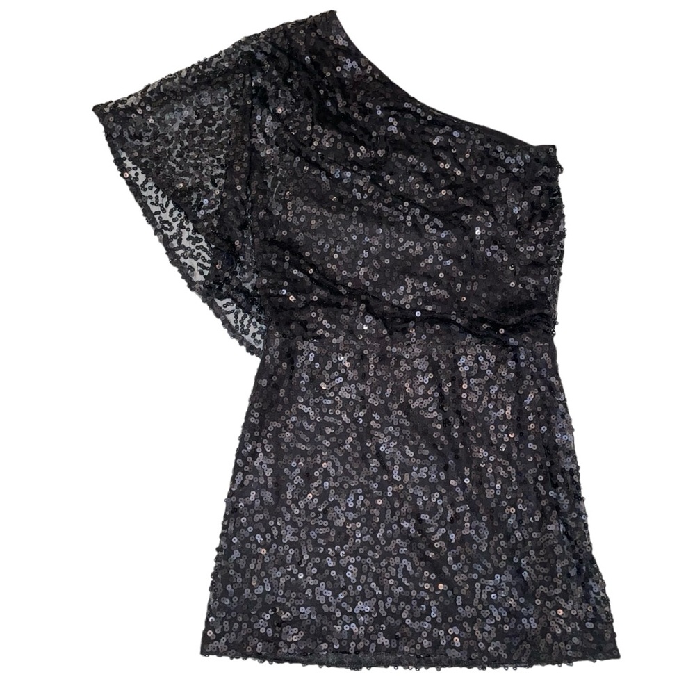 Jessica Simpson One Shoulder Flutter Sleeve Black Sequins Mini Dress Size 4